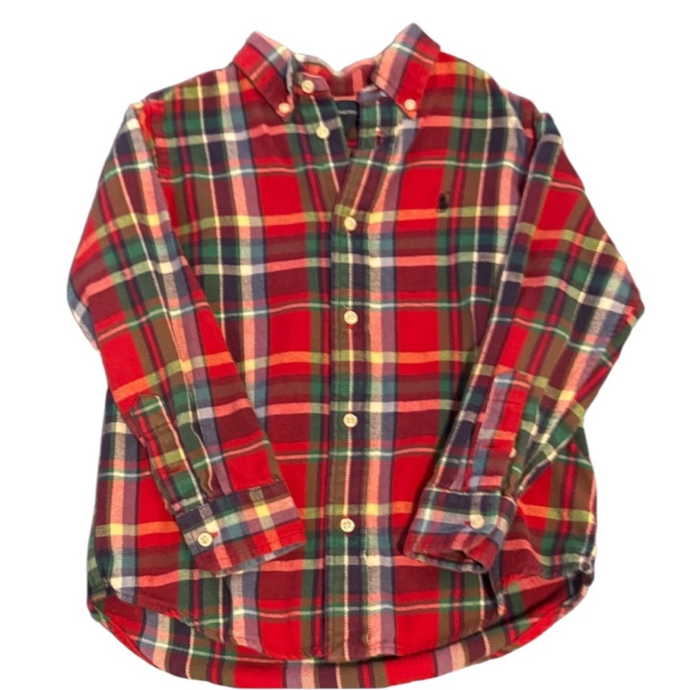 Ralph Lauren Boys Plaid Flannel Button Down Shirt Red Green Size 6 EUC